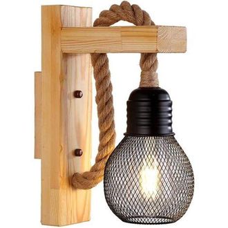 OEM Aplique De Pared Industrial Vintage, L&aacute;mpara De Pared R&uacute;stica De Madera, Pantalla De Metal Negro Tipo Jaula, L&aacute;mpara Colgante De Cuerda De C&aacute;&ntilde;amo Para
