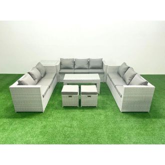 Fimous Rattan Garden Outdoor Furniture Set 11 Seater Garden Sofa Oblong Coffee Table Set with 2 Small Footstool Side Table Light Grey Mixed - Fimous
