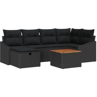 vidaXL Conjunto De Sof&aacute; De Jard&iacute;n Con Coj&iacute;n 7 Pcs Negro Polirat&aacute;n