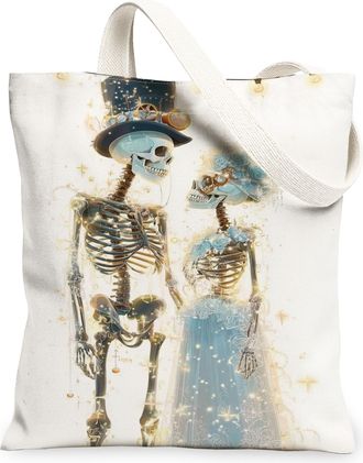 Generic Halloween Skeleton Canvas Tote Bags, Vintage Couples Design Reusable Grocery Bags, Lightweight Washable Shoulder Strap Canv, White, 13x15 Inch