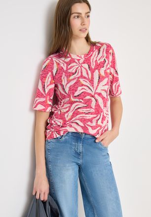 Cecil Rundhalsshirt CECIL, Damen, Gr. XXL (46), beetroot pink, Jersey, Obermaterial: 65% Polyester, 35% Viskose, gebl&uuml;mt, gemustert, normal h&uuml;ftbedeckend, R