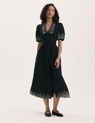 Finery Arianna Embroidered Cotton Midi Dress in Black at Nordstrom, Size 10