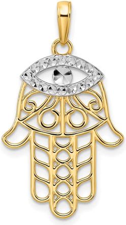 Diamond2Deal 14k Yellow Gold White Rhodium Diamond-Cut Evil Eye Hamsa Pendant