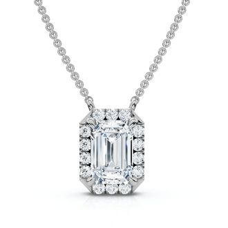Pompeii3 3/4Ct Emerald Cut Diamond Halo Pendant 14k Gold 18 Necklace Lab Grown EF/VS