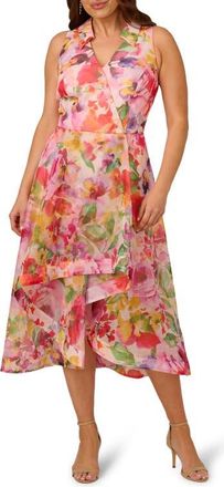 Adrianna Papell Print High-Low Midi Dress in Pink Multi at Nordstrom, Size 14W
