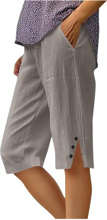 Generic Linen Shorts Women Plus Size Summer Cotton Linen Elasticated Waist Shorts with Pockets Wide Leg Lightweight Breathable Knee Length Pants Loose Fit Cas