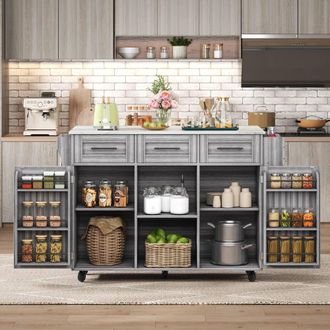 Merax Kitchen Island Trolley with Foldable Worktop, Kitchen Storage Cabinet in Grey
