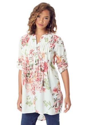 Roaman's Pintuck Tunic Blouse Y-Neck & Roll-Tab Sleeves in White Romantic Rose at Nordstrom, Size 24