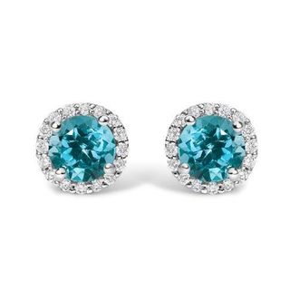 House of Brilliance 10K Gold Gemstone and 1/6 Cttw Diamond Halo Stud Earring in White | Blue Topaz at Nordstrom