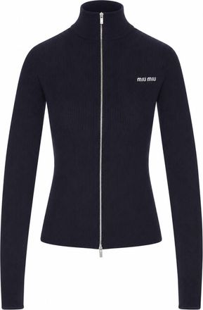 Miu Miu Navy Blue Logo Mock Collar Sweater