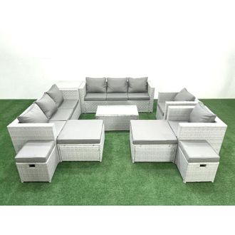 Fimous Fimous 10 Pieces Rattan Garden Furniture Set Outdoor Garden Sofa Chair Coffee Table Set with 4 Footstools Side Table Light Grey Mixed