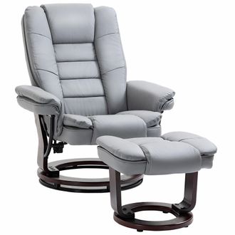 HOMCOM Swivel Manual Recliner and Footrest Set PU Leather Lounge Chair Grey | TJ Hughes