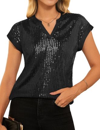 Grace Karin Sequined Tops for Women Fall Winter Tunic Glitter Sparkly Party Cocktail Shirts XXL Black