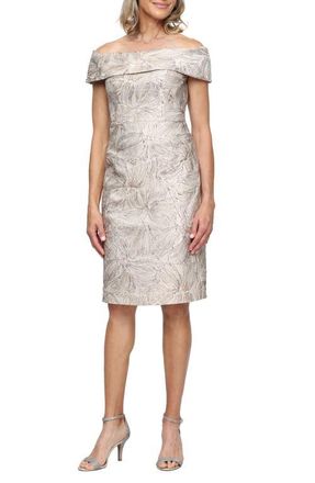 Alex Evenings Floral Jacquard Off the Shoulder Cocktail Dress in Taupe at Nordstrom, Size 10
