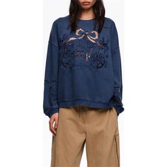 Bimba & Lola Faded Sweatshirt With Maxi Broderie Anglaise Logo in Blue at Nordstrom, Size X-Small