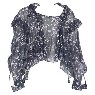 Isabel Marant Floral Printed Ruffle Trimmed Blouse in Blue Silk