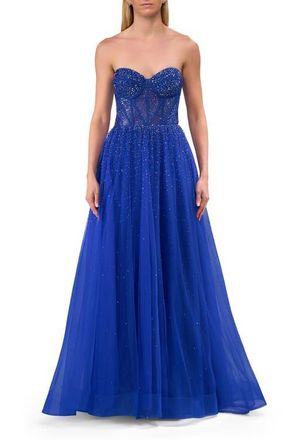La Femme Rhinestone Embellished A-line Tulle Gown with Corset Top in Royal Blue at Nordstrom, Size 12