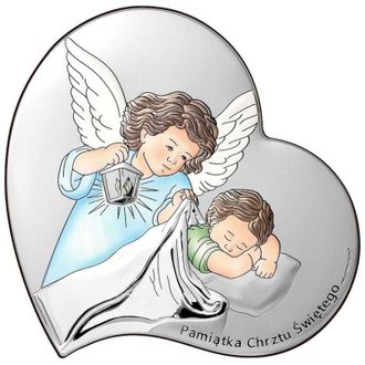 OEM Cuadro En Plata, Recuerdo De Bautismo, Con &Aacute;ngel, Coloreado + Grabado 6748s-c 13 X 13 Cm