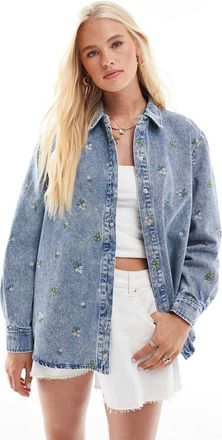 Only Camicia in denim blu chiaro con fiori ricamati