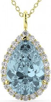 Allurez Halo Aquamarine & Diamond Pear Shaped Pendant Necklace 14k Yellow Gold (6.04ct)