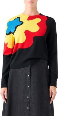 Akris Abstract Floral Intarsia Virgin Wool Sweater in Black-Multicolor at Nordstrom, Size 14