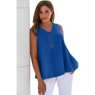 Jessica London Stretch Cotton V-Neck Trapeze Tank in Blue Tropical at Nordstrom, Size Large