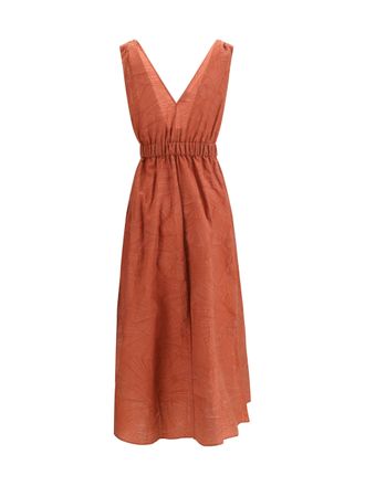 Brunello Cucinelli Womens Midi Dress With Floral Motif Orange Flame Cotton; Polyamide