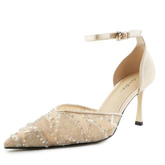 Generic Womens Elegant Pointed Toe Ankle Strap Heels Sequin Pumps for Evening Wedding Party Formal, Champange, 10 Narrow