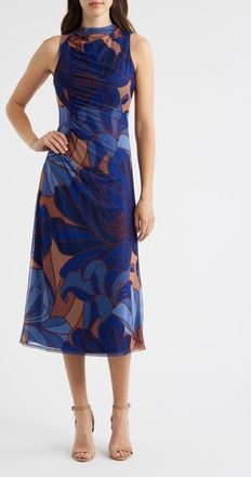 Vince Camuto Ruched Sleeveless Mesh Midi Dress in Blue Multi at Nordstrom, Size 10