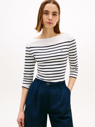 Tommy Hilfiger 3/4-Arm-Shirt TOMMY HILFIGER NEW CODY SLIM BOAT-NECK, Damen, Gr. L (42/44), ecru, schwarz night navy stripe, Jersey, Obermaterial: 100% Baumwolle, ges