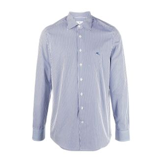 Etro Verticale Streep Geborduurd Logo Shirt - Heren - Casual Overhemden - Blauw - 3XL - Overhemden
