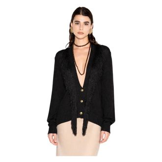 Akep Cardigans, female, Black, Size: XS Deep V-Neck Fringe Cardigan
