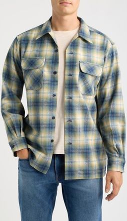 Pendleton Board Plaid Wool Flannel Button-Up Overshirt in Blue/green Ombre at Nordstrom, Size Xx-Large