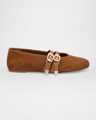 Stuart Weitzman Maven Suede Buckle Mary Jane Ballerina Flats