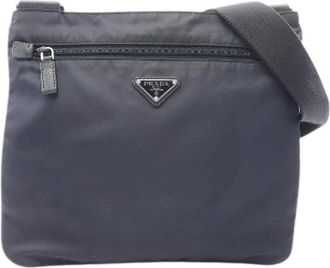 Prada Pre-owned Cross Body Bags, female, Blue, Size: ONE SIZE Pre-owned Triangle Logo Nylon Saffiano Leather Shoulder Bag