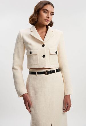 Karen Millen Womens Petite Textured Tweed Pocket Front Tailored Cropped Jacket - Cream Cotton - Size 12 UK