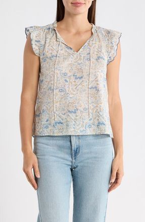 Lucky Brand Floral Cap Sleeve Cotton Top in Cream Multi at Nordstrom Rack, Size X-Large