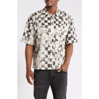 Represent Poolside Check Short Sleeve Cotton & Linen Button-Up Shirt in Flat White at Nordstrom, Size Xx-Large