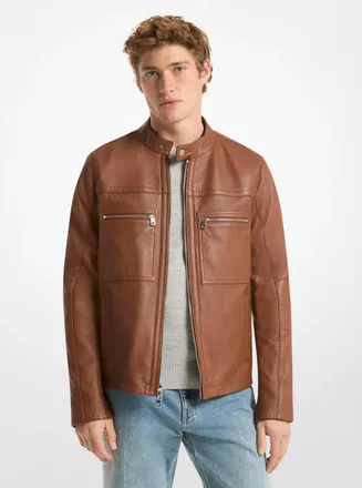 Michael Kors Leather Double-Zip Racer Jacket