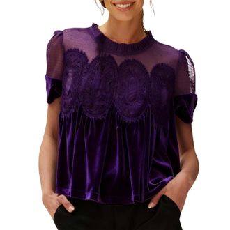 Generic Christmas Tops for Women UK Womens Velvet Lace Tops Casual Puff Short Sleeve Babydoll Shirts Flared Swing Blouse Ruffle Hem Patchwork Peplum Sweatshir