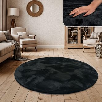Paco Home Paco Home - Alfombra Pelo Largo Sal&oacute;n Sint&eacute;tica Suave Monocolor Diferentes Colores Y Tama&ntilde;os Negro, &Oslash; 120 Cm Redon