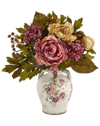 Nearly Natural 16In Peony Artificial Arrangement In Flower Print Jar