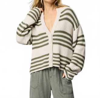 Splendid Alexandra Stripe Cardigan In Moonstone/soft Vintage Olive Branch