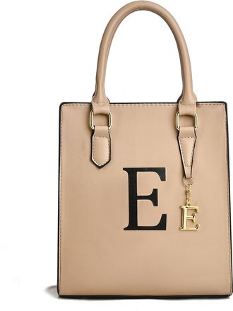 I Ihayner Women Tote Bag Personalized Initial Top Handle Bag for Women Small Leather Handbags with Letter Pendant, Khaki-e, Medium