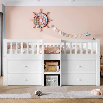 Merax 3FT Single Wooden Low Loft Storage Bed Mid Sleeper Bed with Drawers in White