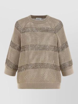 Brunello Cucinelli striped crew neck mesh knit sweater