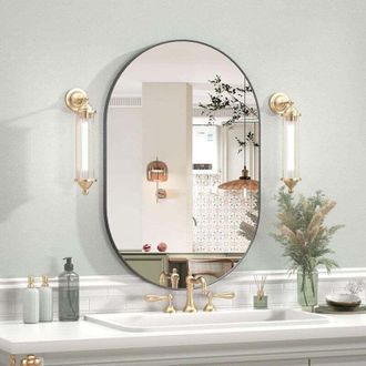 OEM Espejo De Ba&ntilde;o Ovalado De Pared - 40 X 60 Cm, Elegante Marco De Metal Negro, Espejo De Tocador De Dise&ntilde;o Estilizado