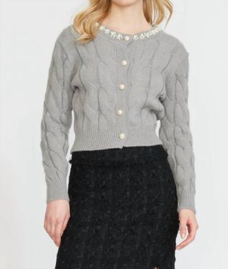 Stellah Cable Cardigan With Pearl Trim In Silver