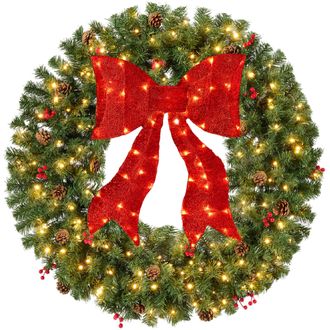 Best Choice Products Pre-Lit Christmas Wreath w/Berries & Pinecones, Large Artificial Indoor/Outdoor D&eacute;cor, w/Red Lighted Bow, Plug-in