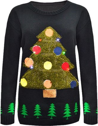 Crazy Girls Women Ladies Xmas Novelty Vintage Christmas Light Up Jumper Sweater (12-14, Black-Tree)